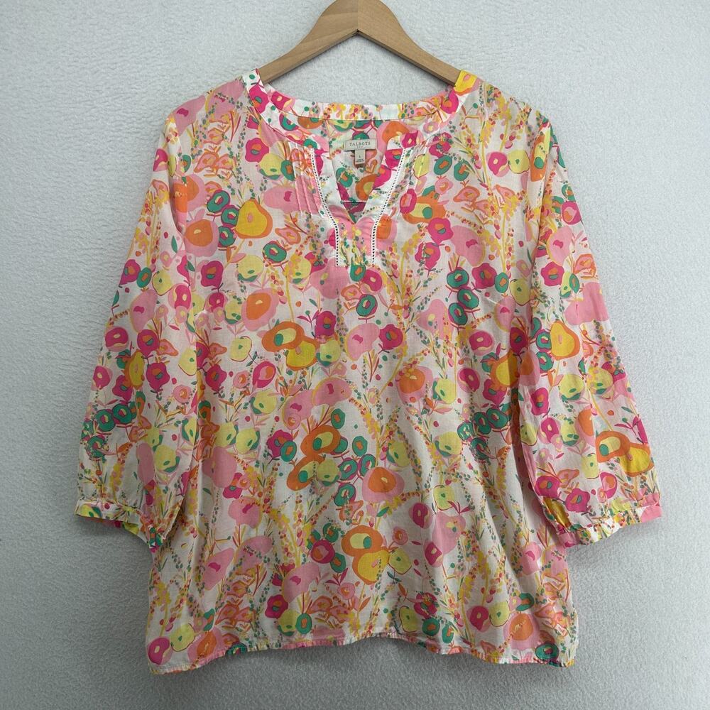 TALBOTS Top L Pintuck Popover Abstract Floral 3/4 Sleeve Blouse Cotton Pink